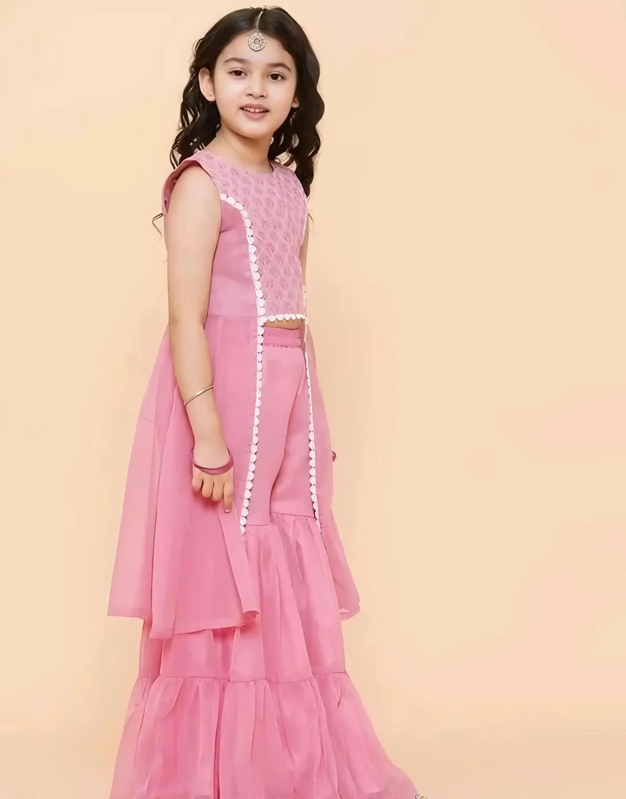 Girls pink self design Georgette kurta with sharara