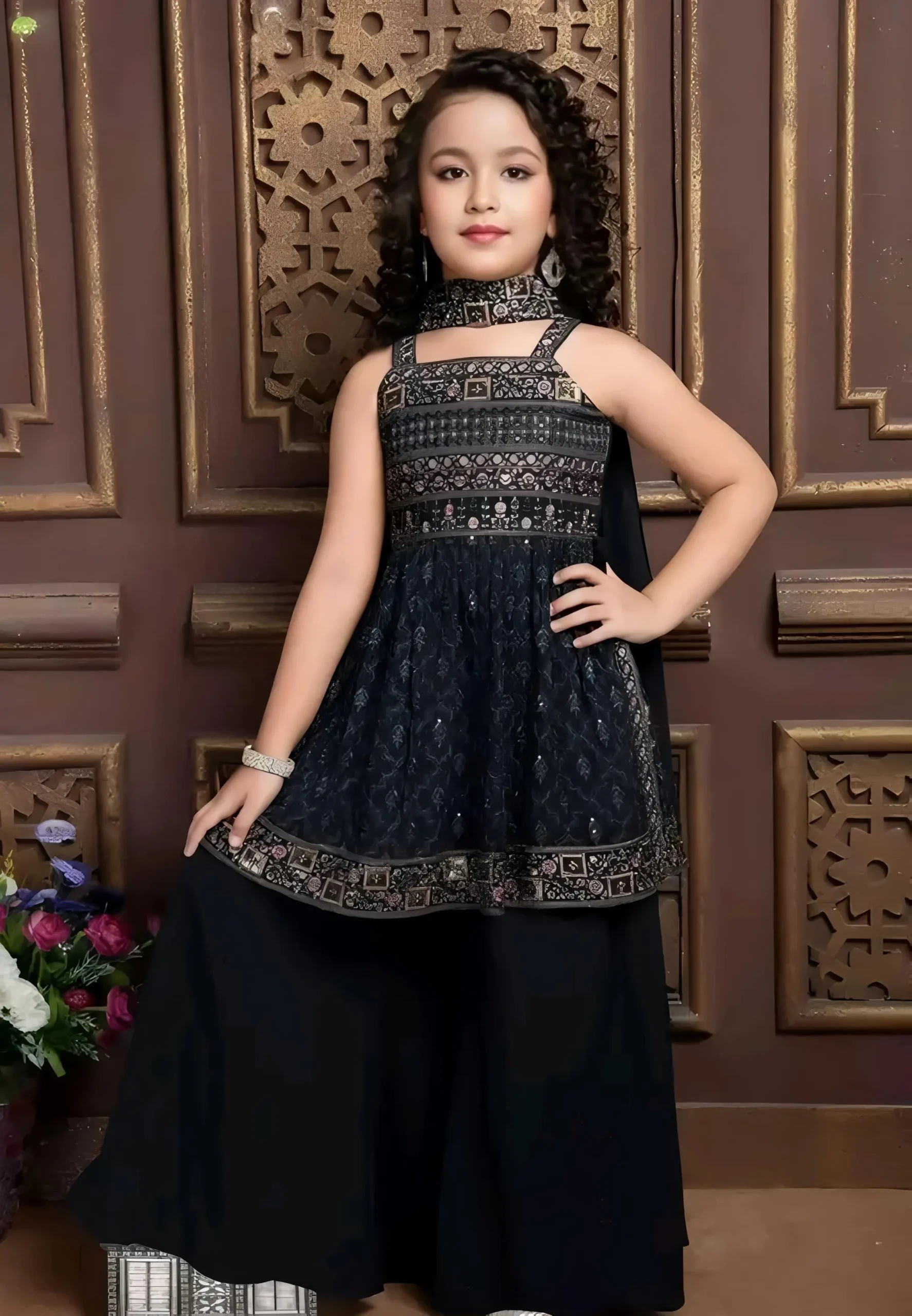 Ethnic black embroidered kurta sharara set