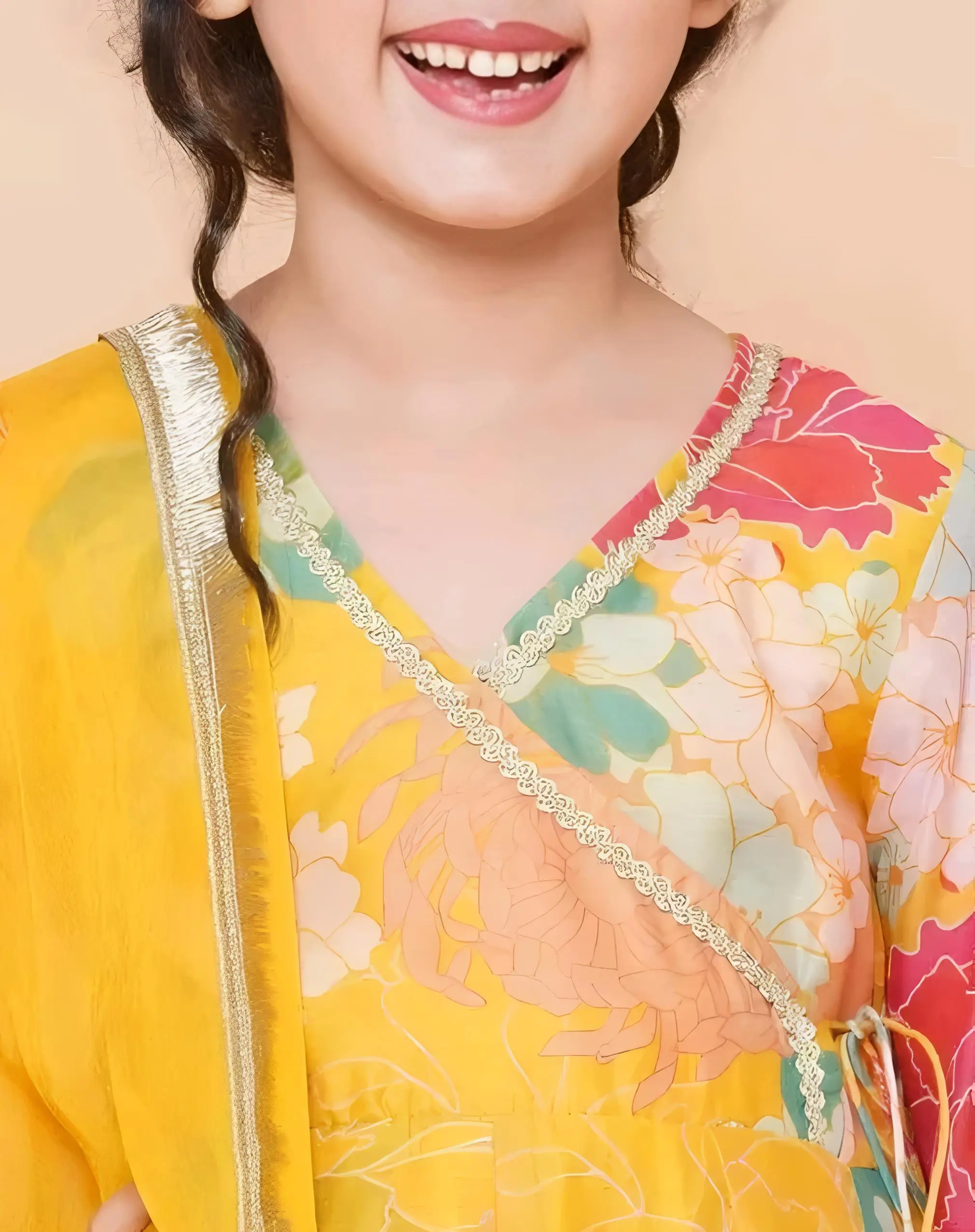 Girls yellow printed angrakha style kurta set