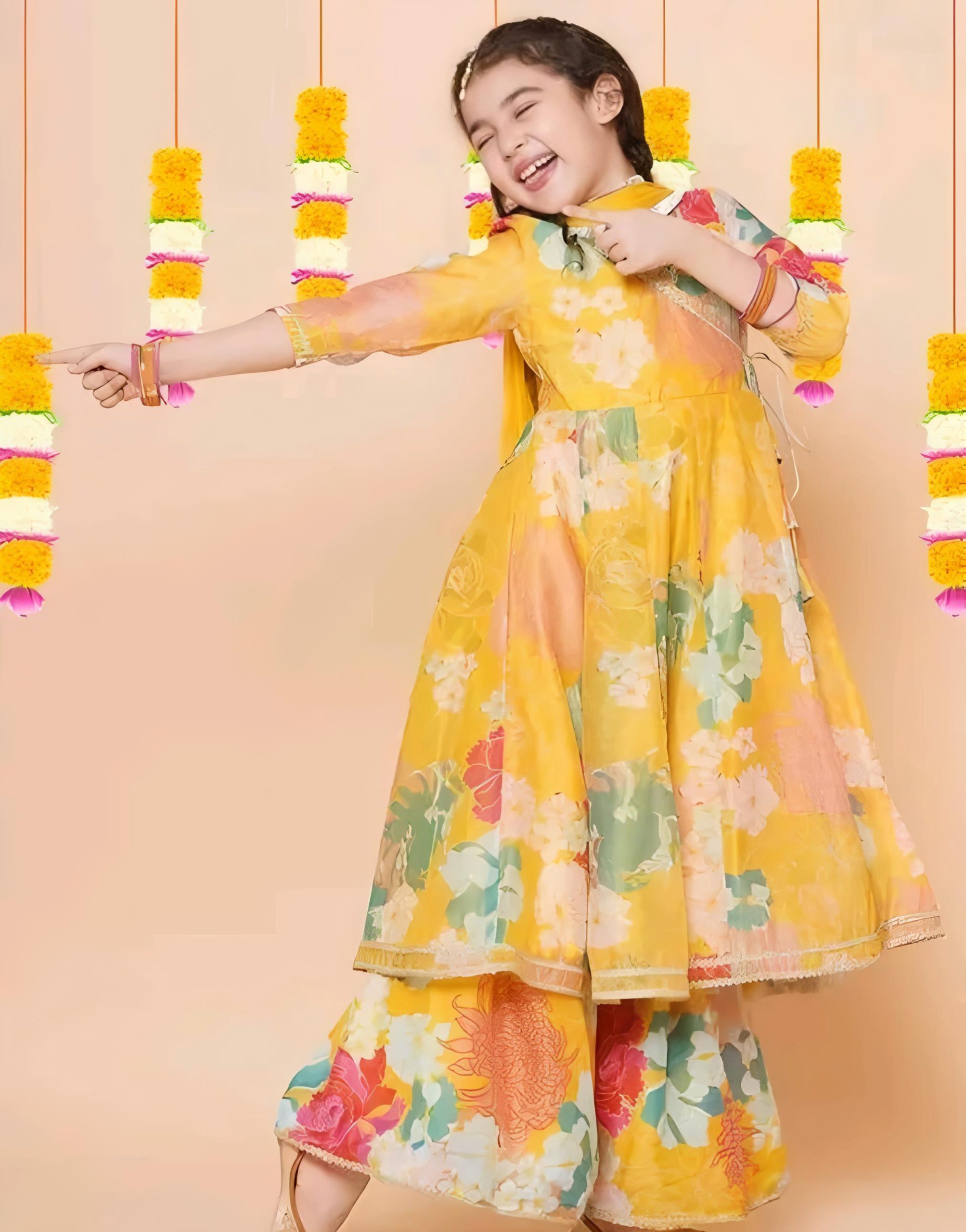 Girls yellow printed angrakha style kurta set
