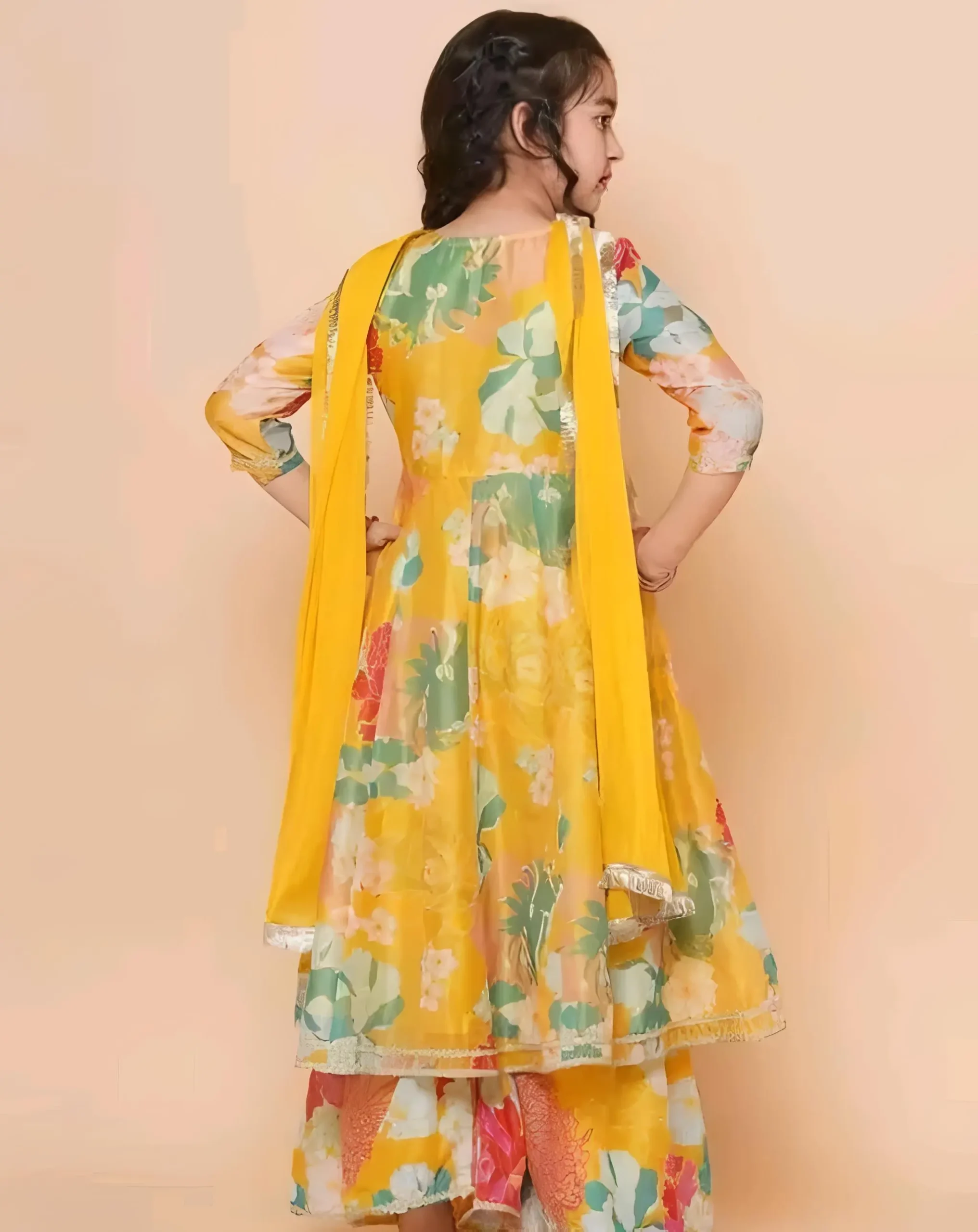 Girls yellow printed angrakha style kurta set